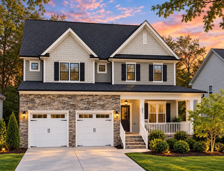 Barndominium House Plans 7 Front elevation of a New American Modern Traditional house with Craftsman accents, horizontal siding, board and batten details, and a covered front porch