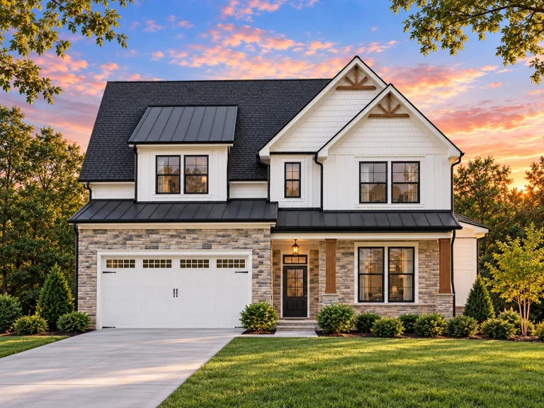 House Plans with Fireplace 13 Front view of a Traditional Colonial style home featuring horizontal siding, brick accents, and symmetrical windows with black shutters