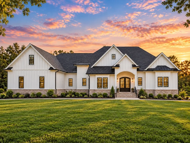 Barndominium House Plans 10 Front exterior view of a modern farmhouse style home featuring white board and batten siding, gabled rooflines, and a welcoming covered entry