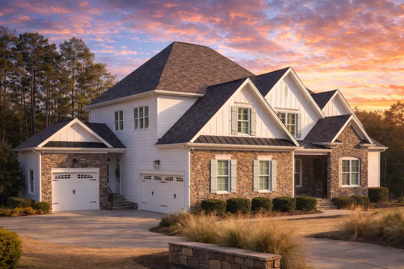 Front exterior view of a New American modern traditional house featuring stone and brick façade, symmetrical gables, shuttered windows, and landscaped entry