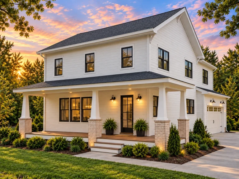 Barndominium House Plans 4 Front elevation of a Traditional Colonial style home with horizontal siding, covered front porch, brick piers, and attached garage