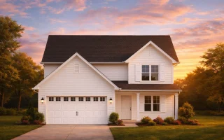 Front view of a two-story Traditional and New American style home featuring light horizontal siding, dark shutters, and a welcoming covered entry