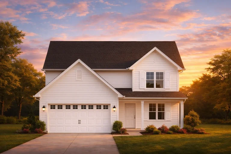 Front view of a two-story Traditional and New American style home featuring light horizontal siding, dark shutters, and a welcoming covered entry