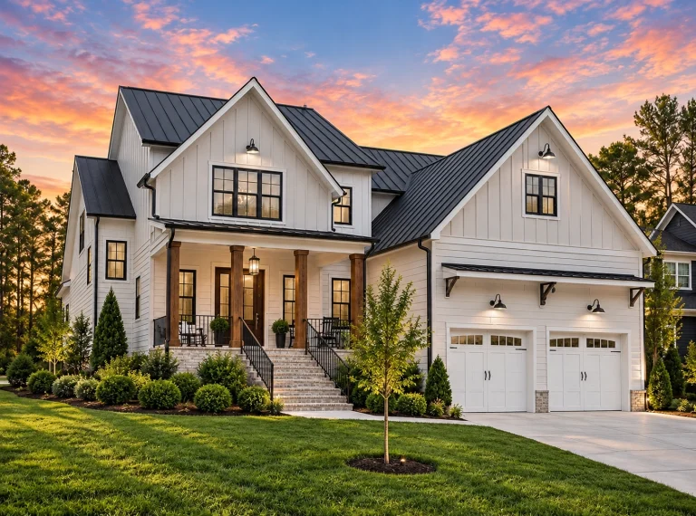 Front elevation of a modern farmhouse style home featuring brick and board and batten siding with a covered porch and gabled rooflines