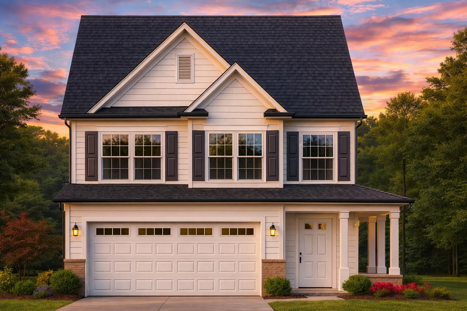 Front elevation of a Traditional Colonial style home featuring a New American influence with lap siding, dark shutters, and a two-car garage