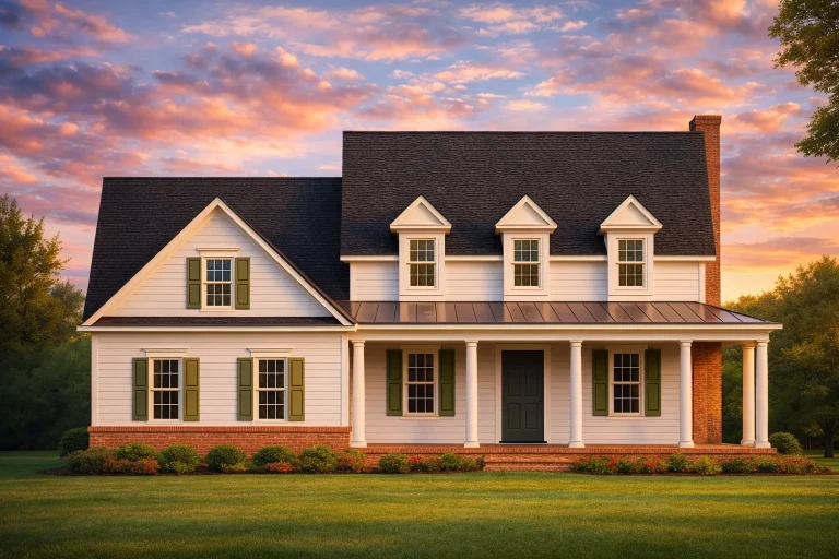 Front elevation of Traditional Colonial style home with white lap siding, brick foundation, symmetrical dormers, and full-width covered porch at sunset