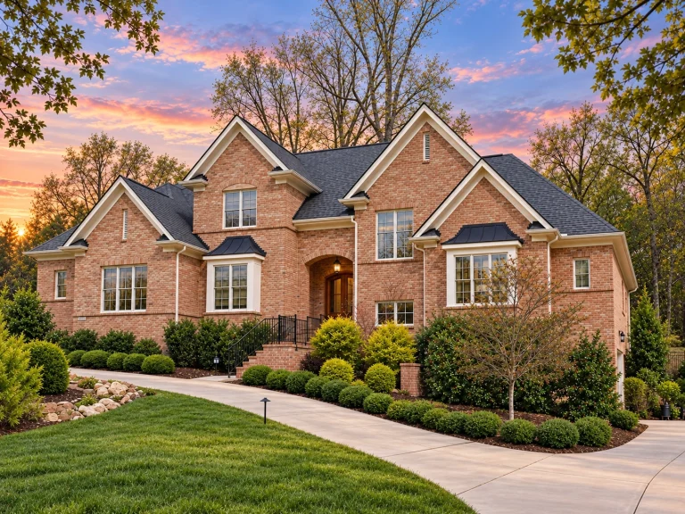 Front elevation of a Neo-Colonial Traditional Colonial home featuring a full brick exterior, symmetrical facade, gabled rooflines, and a formal central entry