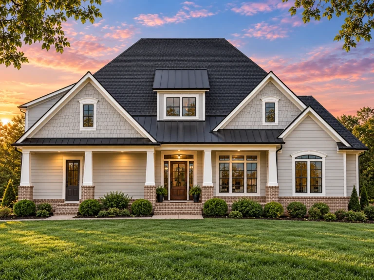 Front elevation of a New American Traditional house with horizontal lap siding, brick foundation accents, and balanced gable rooflines