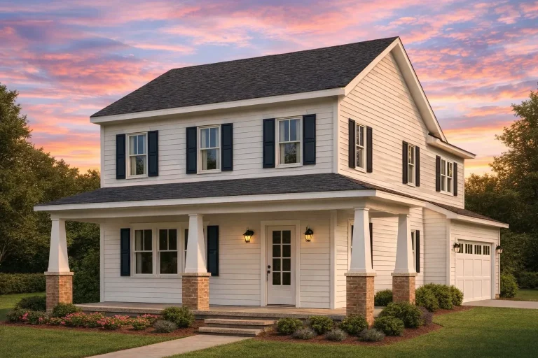 House Plans with Home Office 8 Front elevation of a Traditional Colonial style home with horizontal siding, covered front porch, brick piers, and attached garage