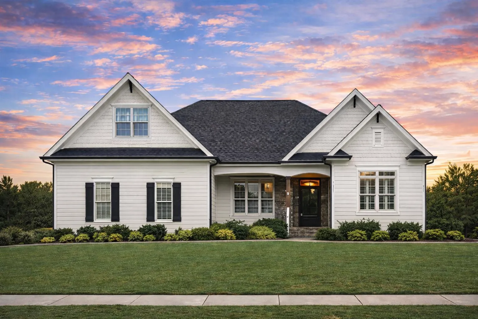 Modern farmhouse home plan with board and batten siding, black shutters, and front porch design