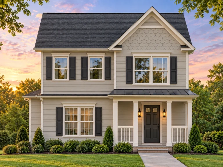 Barndominium House Plans 10 Front elevation of a Traditional Colonial style house featuring horizontal siding, stone accents, and a symmetrical façade with black shutters and covered porch