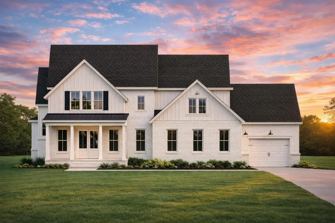 Front elevation of a modern farmhouse style home featuring brick and board and batten siding with a covered porch and gabled rooflines