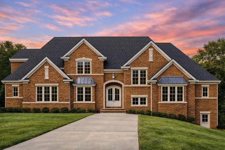 Front elevation of a Neo-Colonial Traditional Colonial home featuring a full brick exterior, symmetrical facade, gabled rooflines, and a formal central entry