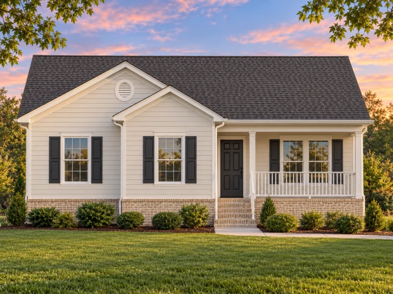 House Plans with Outdoor Kitchen 5 Front elevation of a Traditional Cottage Ranch house featuring white siding, black shutters, and a brick foundation with a welcoming covered porch