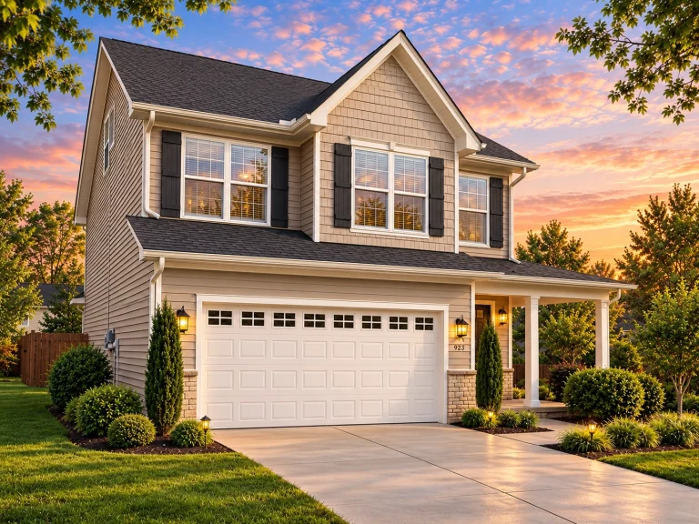 Courtyard House Plans 14 Front elevation of a Traditional Colonial style home featuring a New American influence with lap siding, dark shutters, and a two-car garage