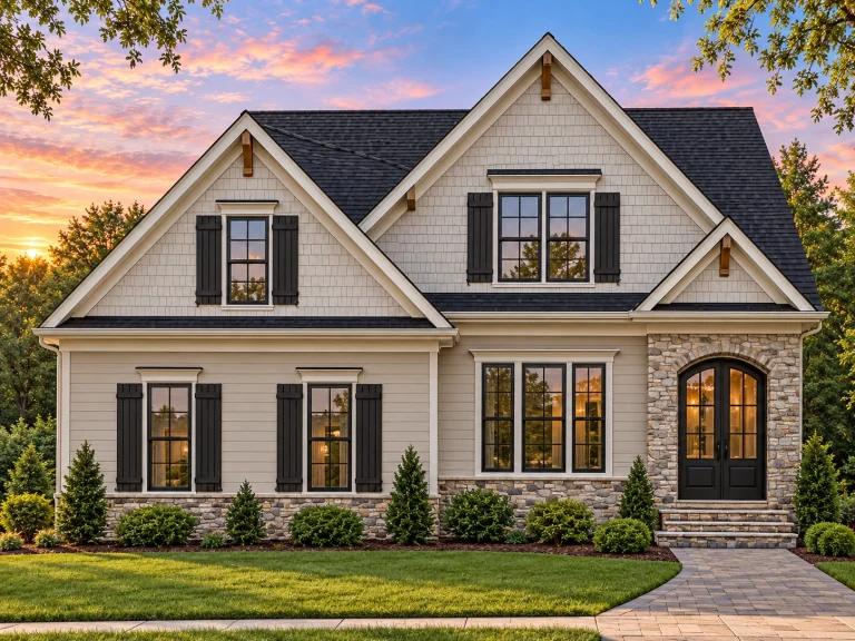 House Plans with Bedrooms on Upper Floor 2 Front elevation of a Traditional Colonial Shingle Style home with stone arch entry, symmetrical windows, and classic wood siding