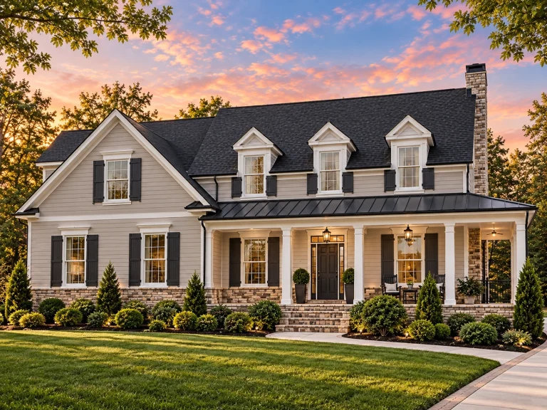 Front elevation of Traditional Colonial style home with white lap siding, brick foundation, symmetrical dormers, and full-width covered porch at sunset