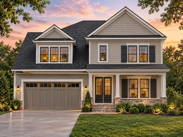 Front elevation of a Traditional Colonial style home featuring brick exterior, lap siding, symmetrical windows, and covered front porch