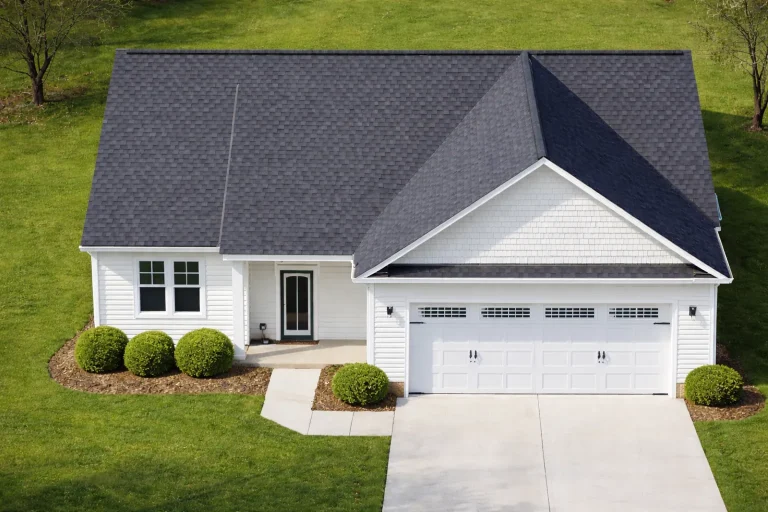 Front elevation of a Transitional Ranch style home featuring horizontal siding, shingle gable accent, and a welcoming entry with attached two-car garage.