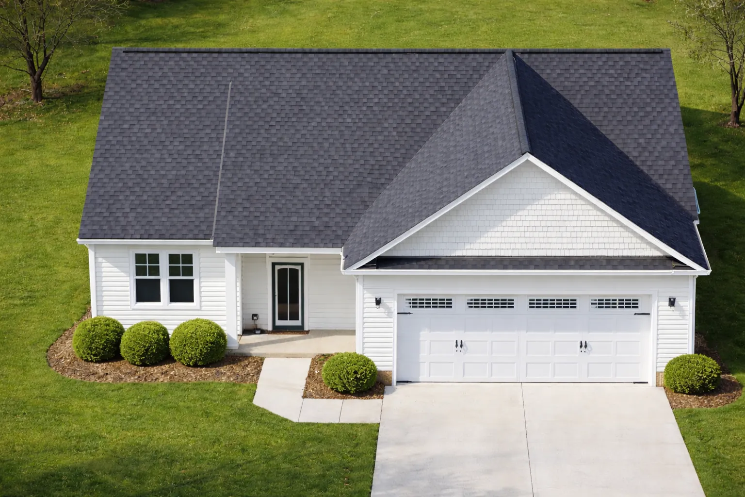 House Plans 7 Front elevation of a Transitional Ranch style home featuring horizontal siding, shingle gable accent, and a welcoming entry with attached two-car garage.