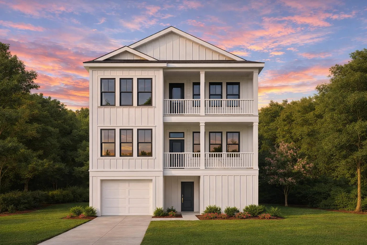 Front elevation of a Charleston style coastal home featuring stacked covered porches, lap siding, elevated living, and classic Southern architecture