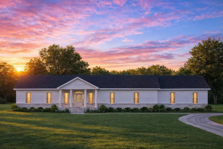 House Plans 15 Front elevation of a Traditional Ranch Colonial style home featuring horizontal lap siding, shuttered windows, and a centered columned porch