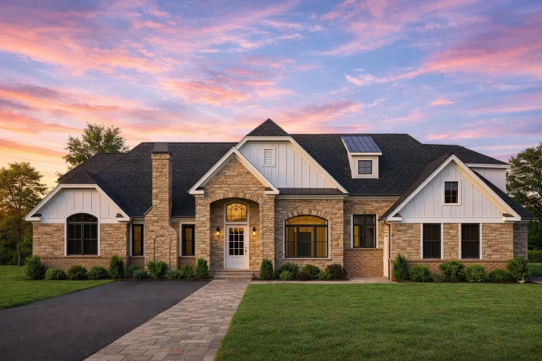 Front elevation of a New American farmhouse style home featuring board and batten siding, stone accents, symmetrical gables, and manicured landscaping