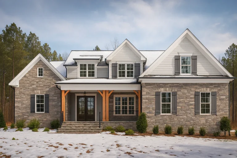 Front elevation of a New American Craftsman style house featuring stone veneer, lap siding, gabled rooflines, and a covered front porch