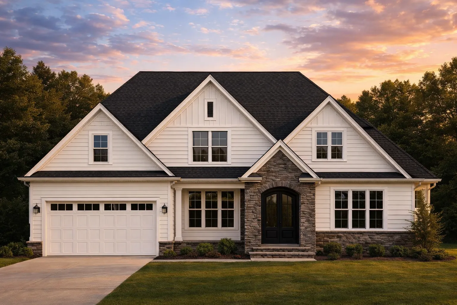 Front elevation of a New American style home with Modern Farmhouse details, horizontal siding, board-and-batten accents, stone entry, and attached two-car garage