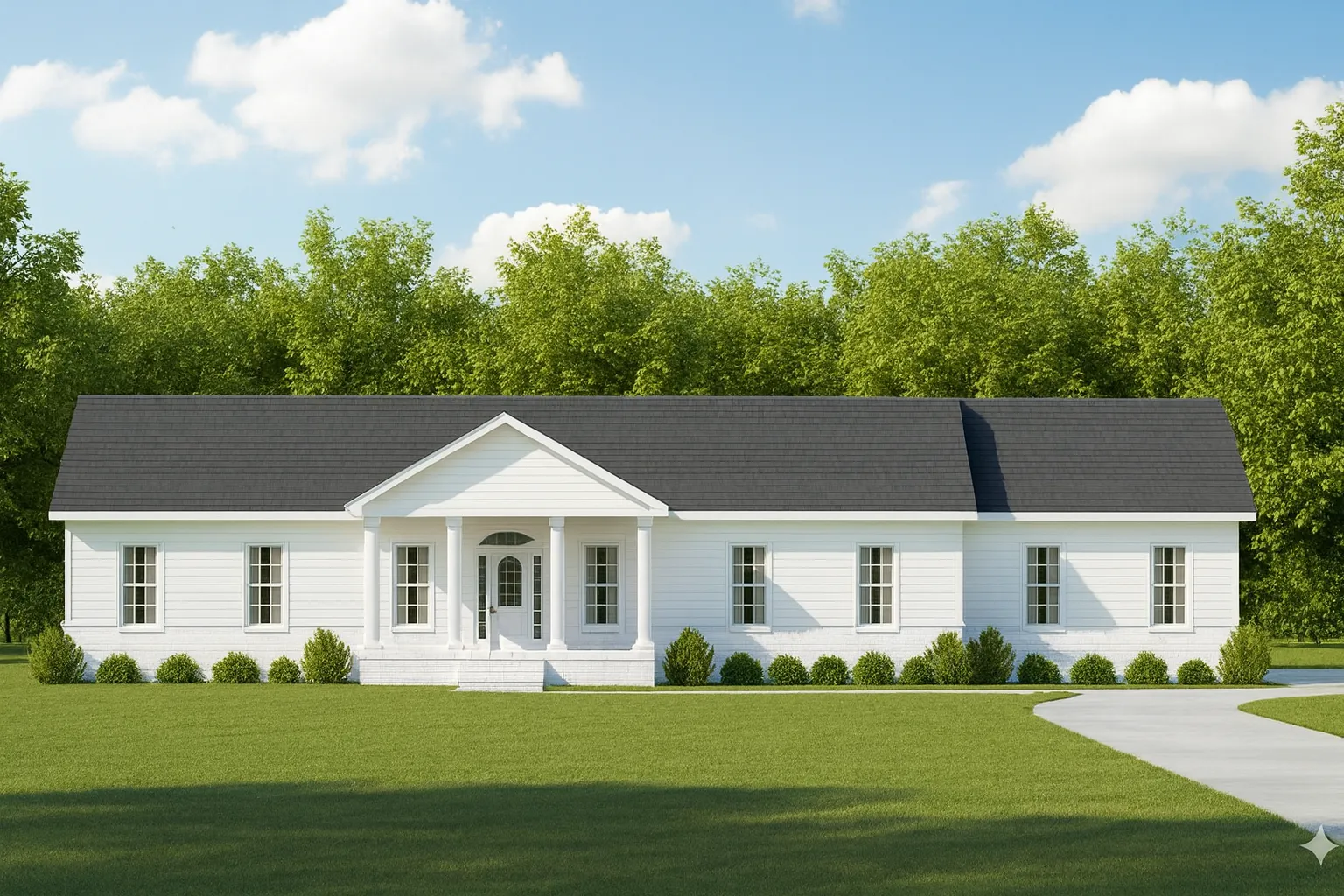 Front elevation of a Traditional Ranch Colonial style home featuring horizontal lap siding, shuttered windows, and a centered columned porch