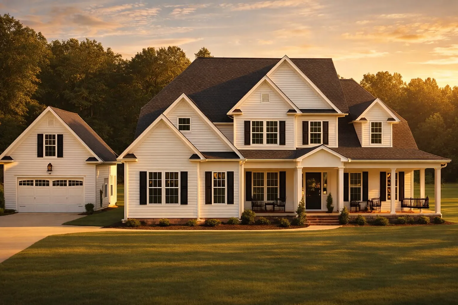 Front elevation of a New American Modern Traditional farmhouse style home with white horizontal siding, black shutters, gabled rooflines, and a welcoming covered front porch