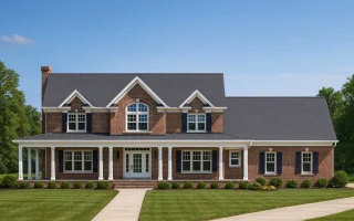 Front view of a Colonial-style two-story home with white horizontal siding, black shutters, stone accent gable, and covered porch entry