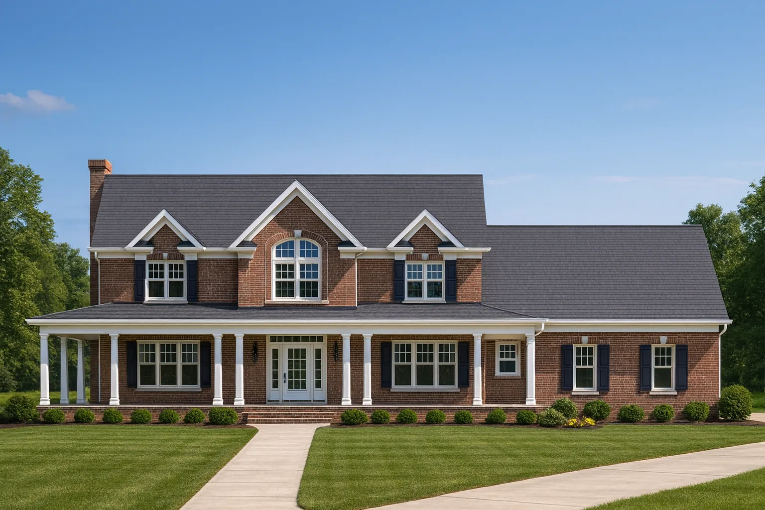 Front view of a Colonial-style two-story home with white horizontal siding, black shutters, stone accent gable, and covered porch entry