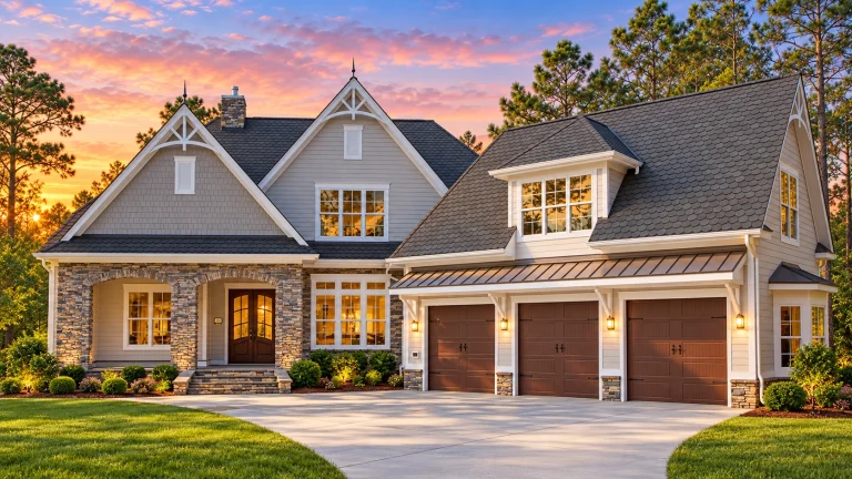 Front elevation of a New American Traditional style home featuring stone accents, board-and-batten siding, multi-gabled rooflines, and a side-entry garage