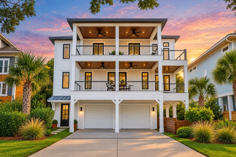 Front elevation of a 3-story Coastal beach house with white siding, double wraparound balconies, covered porches, and two-car garage
