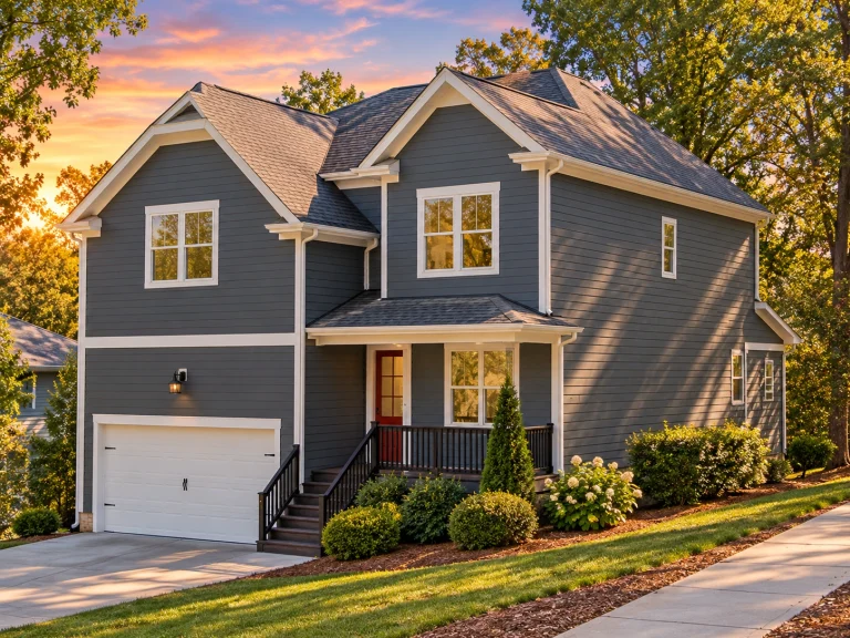 Front elevation of a Modern Farmhouse style home with white horizontal siding, gable rooflines, covered porch, and attached 2-car garage