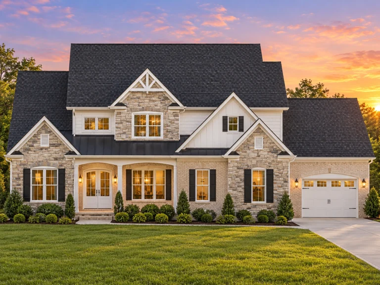 House Plans with Covered Back Porch 17 Front view of Traditional Craftsman Farmhouse featuring a blend of brick, stone, and board and batten siding with multi-gable rooflines and a welcoming front porch