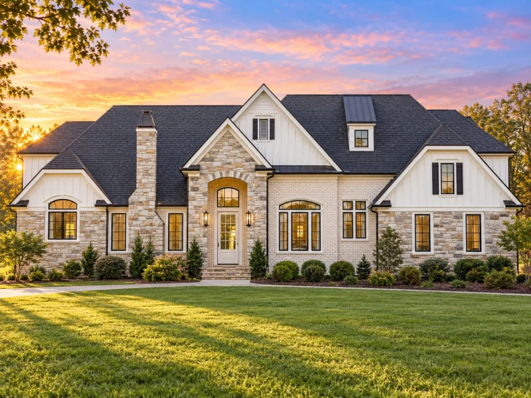 House Plans with Covered Back Porch 8 Front elevation of a New American farmhouse style home featuring board and batten siding, stone accents, symmetrical gables, and manicured landscaping