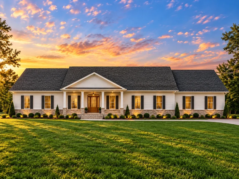 Contemporary House Plans 14 Front elevation of a Traditional Ranch Colonial style home featuring horizontal lap siding, shuttered windows, and a centered columned porch