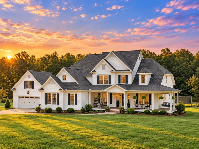 Front elevation of Modern Farmhouse style home with white board and batten siding, black shutters, gabled rooflines, and covered wraparound porch at sunset