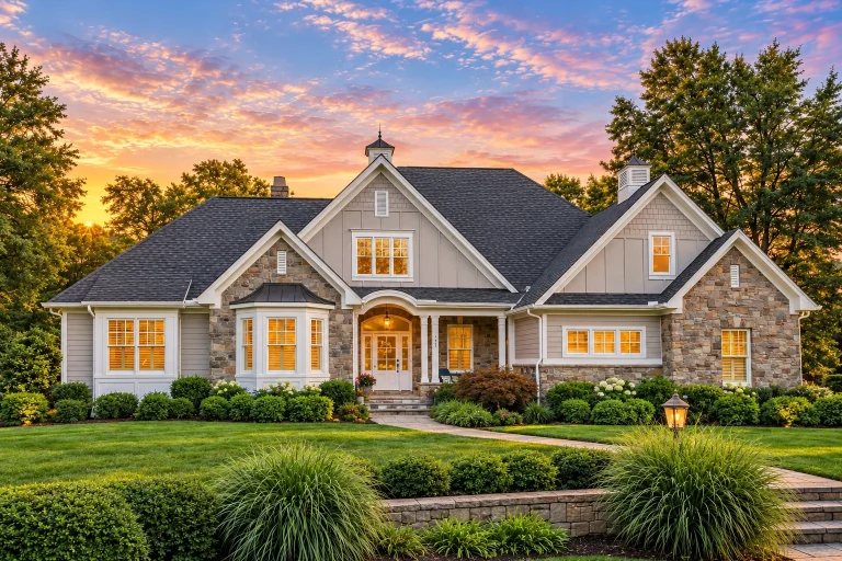 Contemporary House Plans 15 Front elevation of a Traditional Shingle Style home featuring stone and brick exterior, steep gabled rooflines, and symmetrical windows