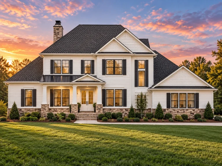 Front elevation of a Traditional Colonial style home with symmetrical design, horizontal siding, board-and-batten accents, and covered entry porch