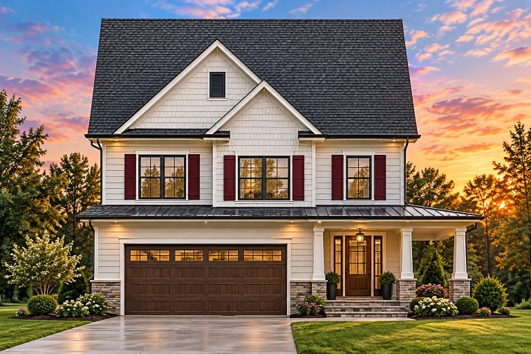 Front view of a Traditional Colonial style house featuring white horizontal siding, stone foundation accents, red shutters, and a welcoming covered entry porch