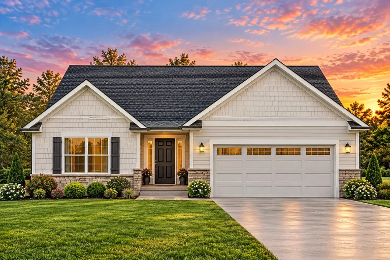 Front elevation of a Traditional Ranch style home featuring white horizontal siding, black shutters, and a matching black garage door
