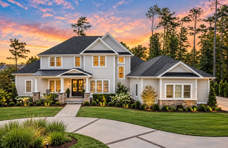 Front elevation of a Traditional Colonial style home with symmetrical design, horizontal siding, board-and-batten accents, and covered entry porch