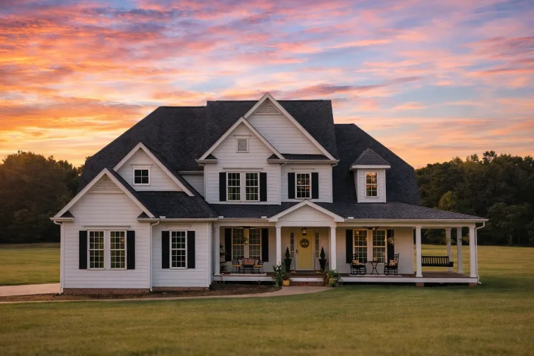 Front elevation of Modern Farmhouse style home with white board and batten siding, black shutters, gabled rooflines, and covered wraparound porch at sunset