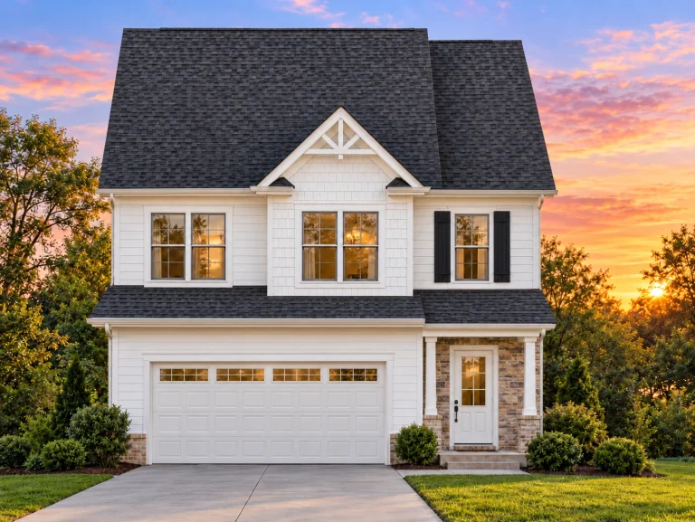 Contemporary House Plans 5 Front elevation of a Traditional New American style two-story home featuring gray siding, board and batten accents, stone veneer base, and dark shutters for balanced curb appeal.