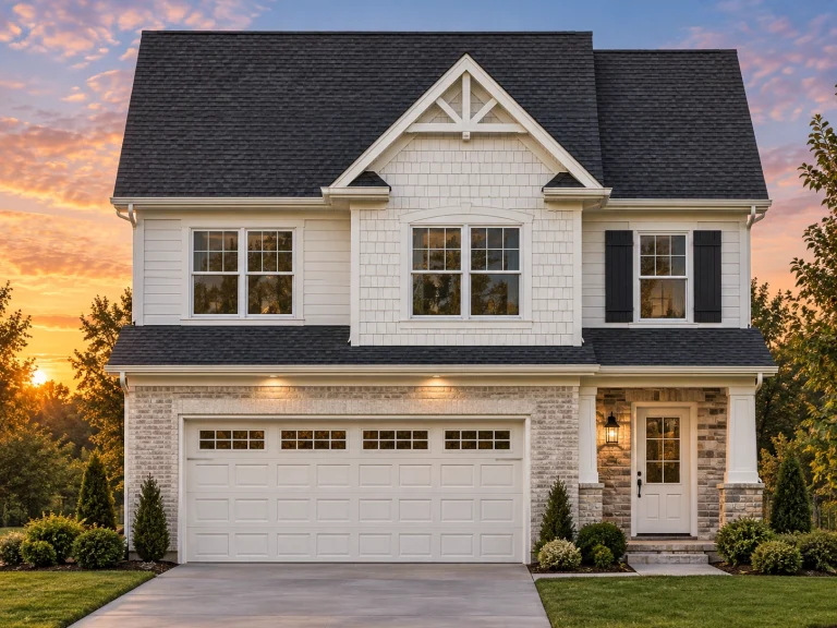 Front elevation of a Traditional New American style two-story home featuring gray siding, board and batten accents, stone veneer base, and dark shutters for balanced curb appeal.