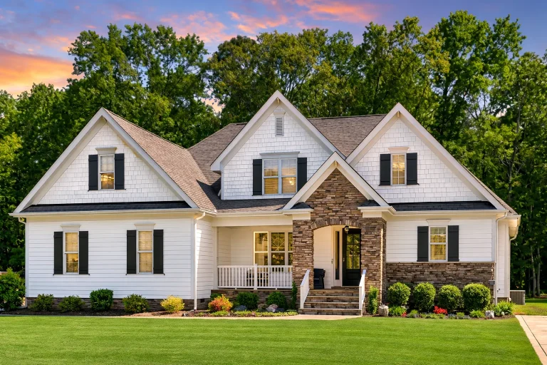 Front elevation of a New American style home with Modern Farmhouse details, horizontal siding, board-and-batten accents, stone entry, and attached two-car garage