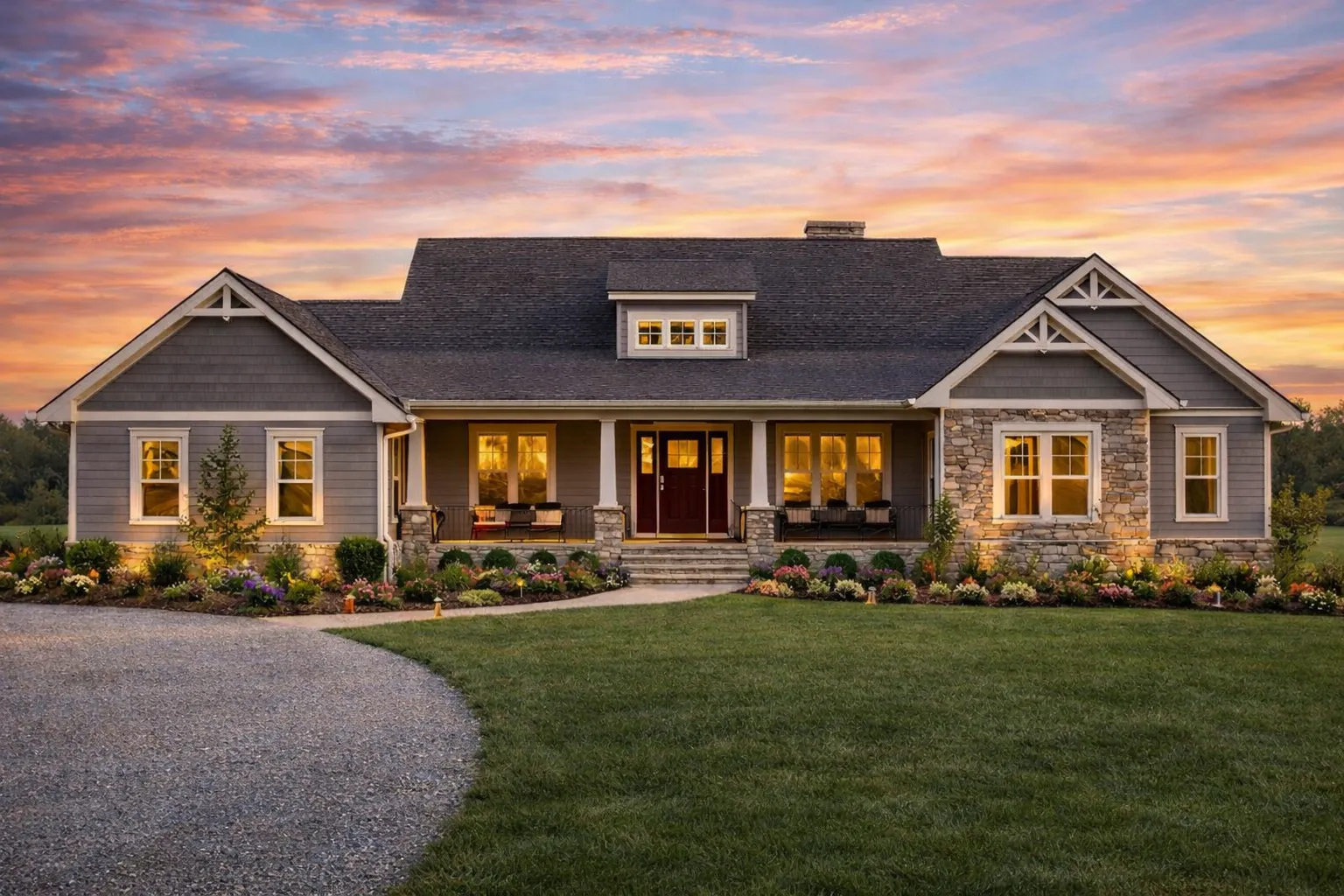 Front exterior view of a Cape Cod style home with horizontal siding, gabled roof, symmetrical windows, and a welcoming covered porch